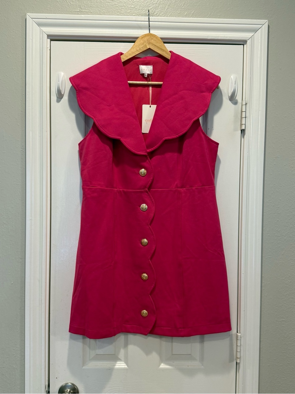 Entro Scalloped Button down Mini Dress Pink Gold Buttons Colorful Preppy L NWT - Picture 2 of 12